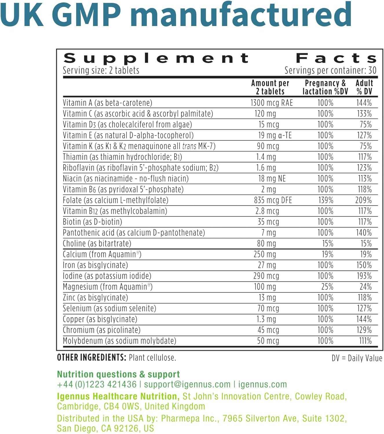 High Absorption Methylated Prenatal Multivitamin, Folate for MTHFR, Clean Label, Gentle Iron, Choline, Natural Calcium  Magnesium, Vegan Vitamins for Pregnancy, 60 Tablets, by Igennus