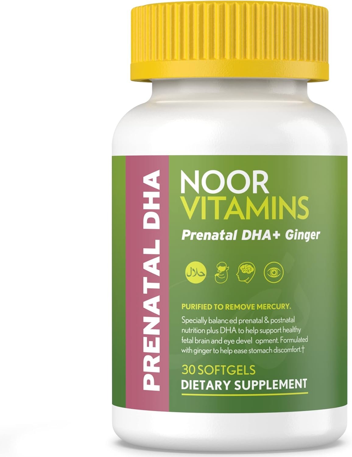 Noor Vitamins Halal Prenatal Vitamins with DHA and Folic Acid, Essential Vitamins, Ginger to Soothe Moms Stomach, Iron, Softgels, Prenatal Vitamin Before/During/Post Pregnancy (1 Month Supply)