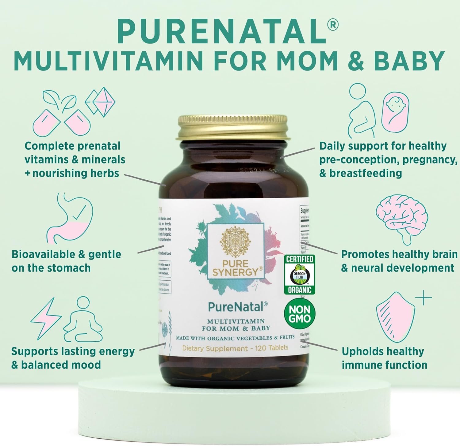 PURE SYNERGY PureNatal Prenatal Vitamins | Vegan Supplement Made with Organic Whole Foods | with Natural Iron, Folate, and Choline | for Pre-Conception, Pregnancy and Breastfeeding (120 Tablets)