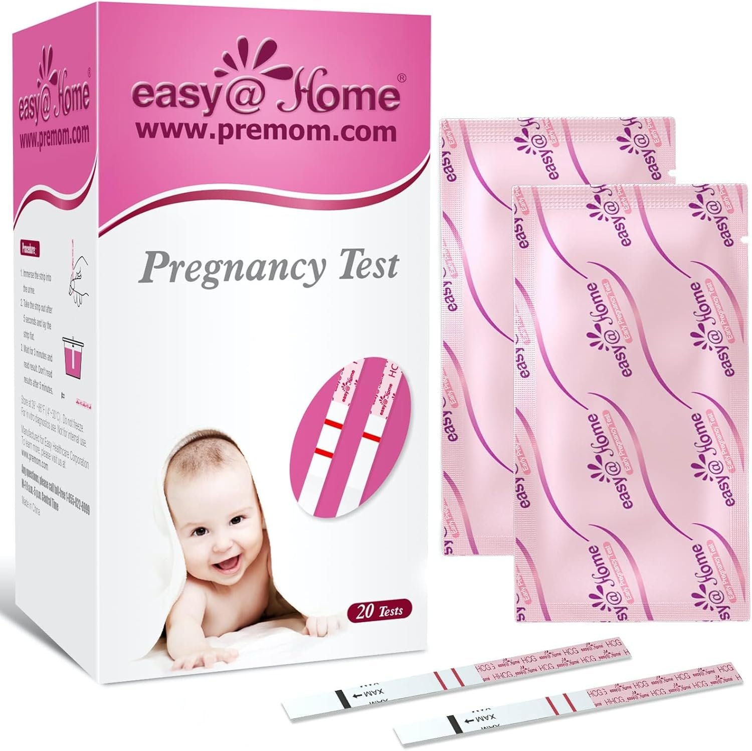 Easy@Home Pregnancy Test Strips Kit, Powered by Premom Ovulation Predictor iOS and Android APP, 20 HCG Tests