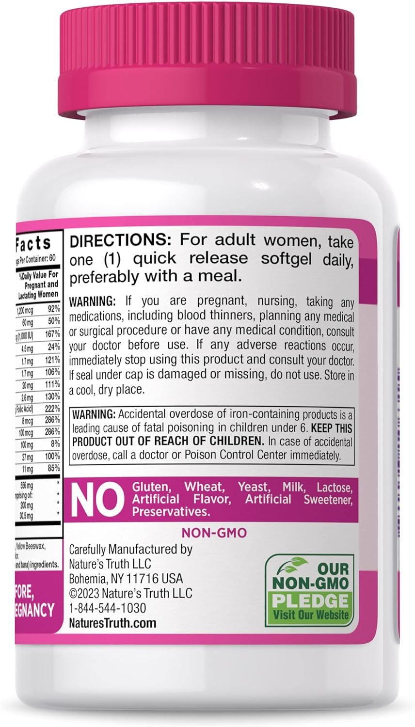 Natures Truth Prenatal Vitamins with DHA and Folic Acid | 60 Softgels | Non-GMO  Gluten Free Supplement