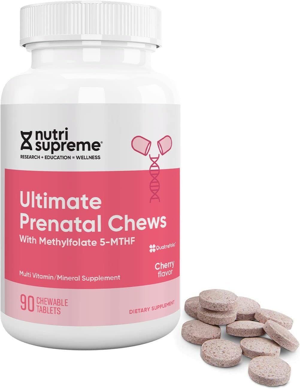 Nutri Supreme Prenatal Vitamin, Chewable Prenatal Vitamins for Women with 800 MCG of Folate, Complete Pregnancy Multivitamin with Iron, Kosher, Cherry Flavor, 90 Count