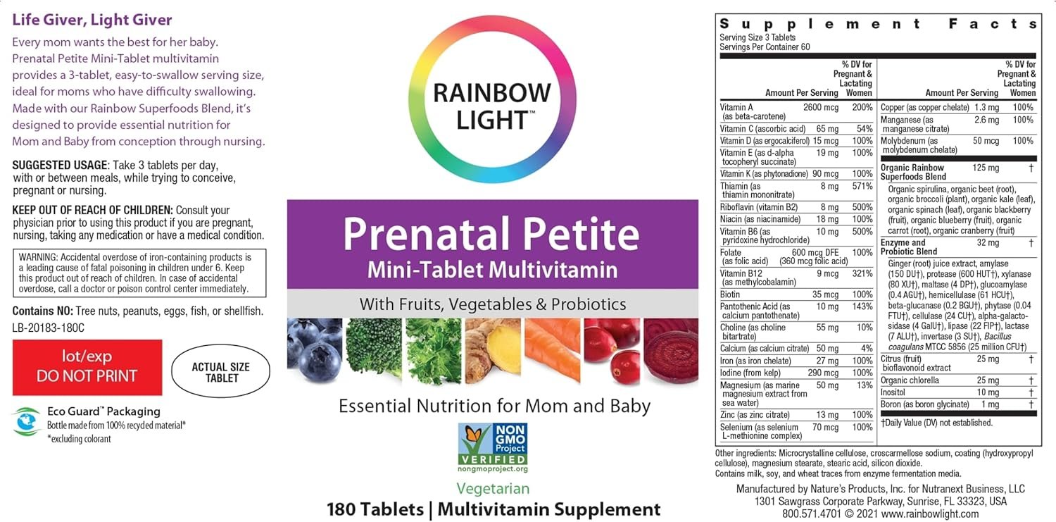 Rainbow Light Prenatal Petite Mini-Tab Multivitamin Plus Superfoods  Probiotics - Organic Daily Vitamin and Mineral Supplement for Mom  Baby, Folate, Iron, Gluten-Free, Vegetarian - 180 Mini-Tablets