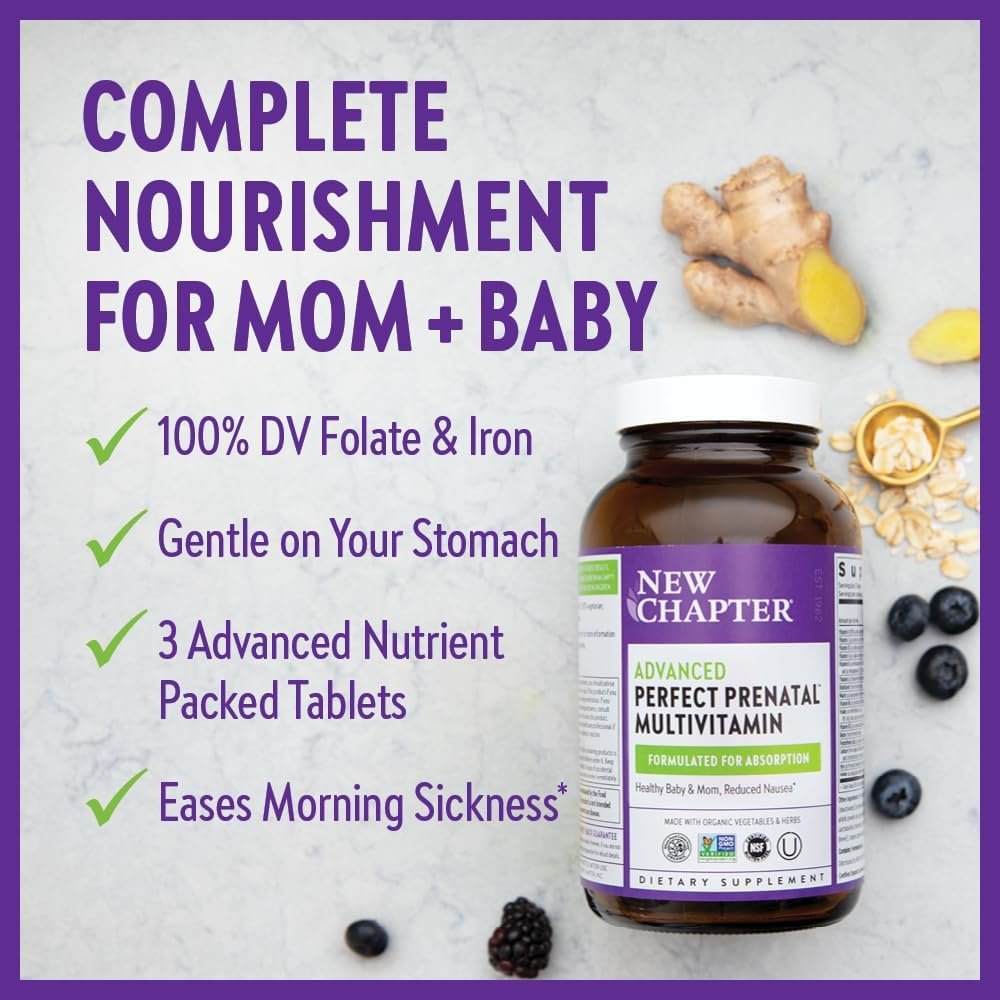 New Chapter Advanced Perfect Prenatal Vitamins, 48ct, Made with Organic, Non-GMO Ingredients for Healthy Baby  Mom - Folate (Methylfolate), Whole-Food Fermented Iron, Vitamin D3 + Ginger