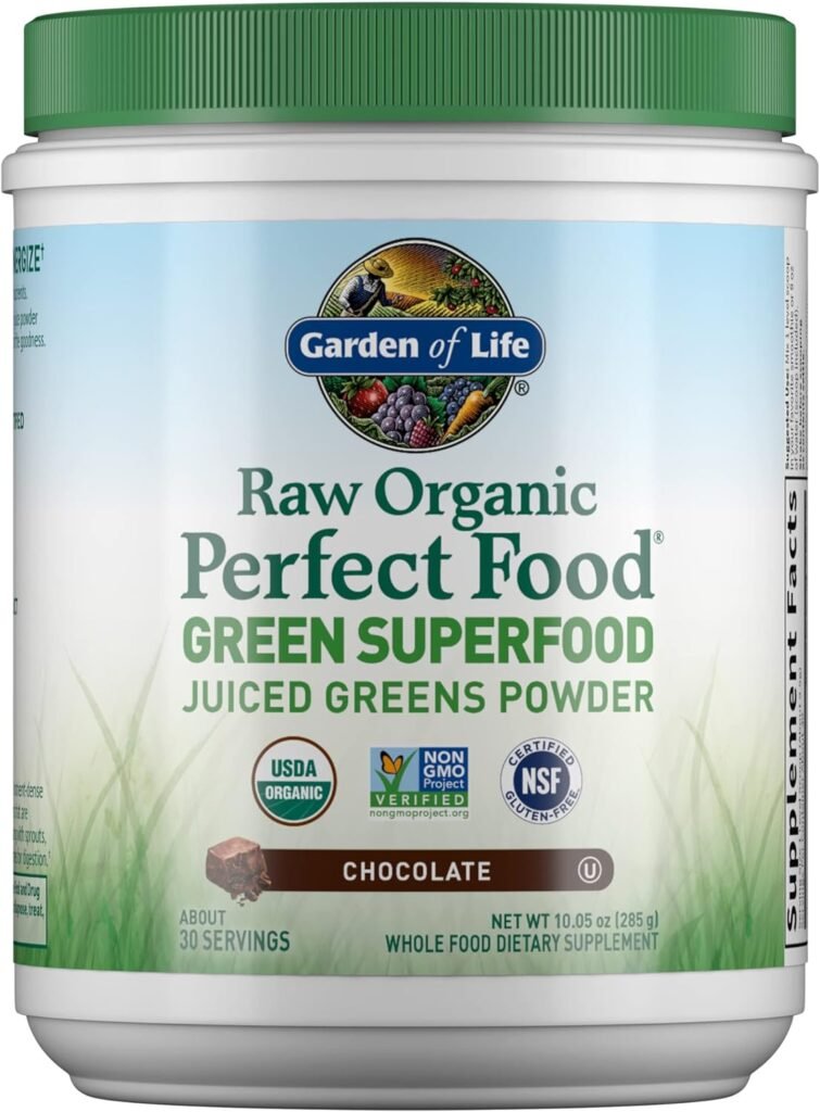 Garden of Life Raw Organic Perfect Food Green Superfood Juiced Greens Powder - Chocolate, 30 Servings - Non-GMO, Gluten Free, Vegan Whole Food Dietary Supplement, Plus Probiotics, 10.05 oz