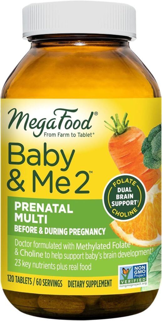 MegaFood Baby  Me 2 Prenatal Vitamin and Minerals - Vitamins for Women - with Folate (Folic Acid Natural Form), Choline, Iron, Iodine, and Vitamin C, Vitamin D and more - 120 Tabs (60 Servings)