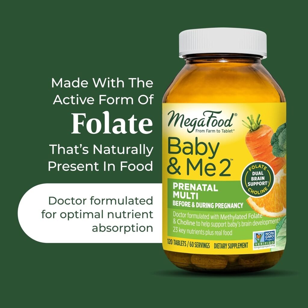 MegaFood Baby  Me 2 Prenatal Vitamin and Minerals - Vitamins for Women - with Folate (Folic Acid Natural Form), Choline, Iron, Iodine, and Vitamin C, Vitamin D and more - 120 Tabs (60 Servings)