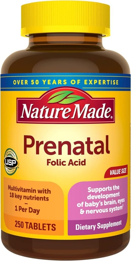 Nature Made Prenatal Multivitamin with Folic Acid, Prenatal Vitamin and Mineral Supplement for Daily Nutritional Support, 250 Tablets, 250 Day Supply