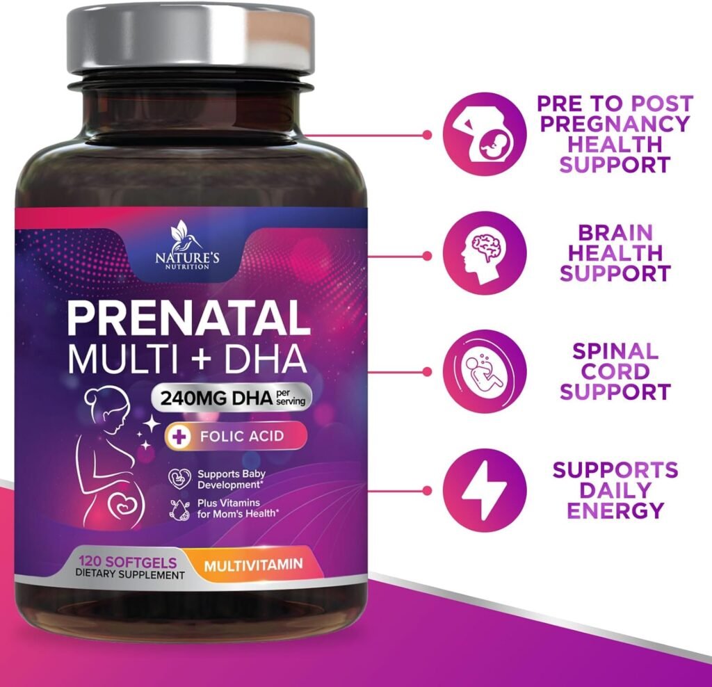 Natures Nutrition Prenatal Multivitamin with Folic Acid  DHA, Prenatal Vitamins Supplement, Folate, Omega 3, Vitamins D3, B6, B12  Iron, Womens Pregnancy Support, Non-GMO Gluten Free - 120 Softgels