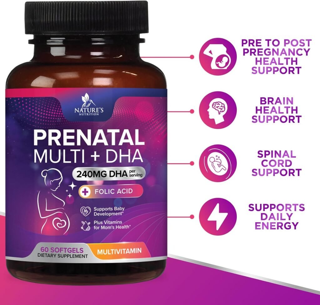 Natures Nutrition Prenatal Multivitamin with Folic Acid  DHA, Prenatal Vitamins Supplement, Folate, Omega 3, Vitamins D3, B6, B12  Iron, Womens Pregnancy Support, Non-GMO Gluten Free - 120 Softgels