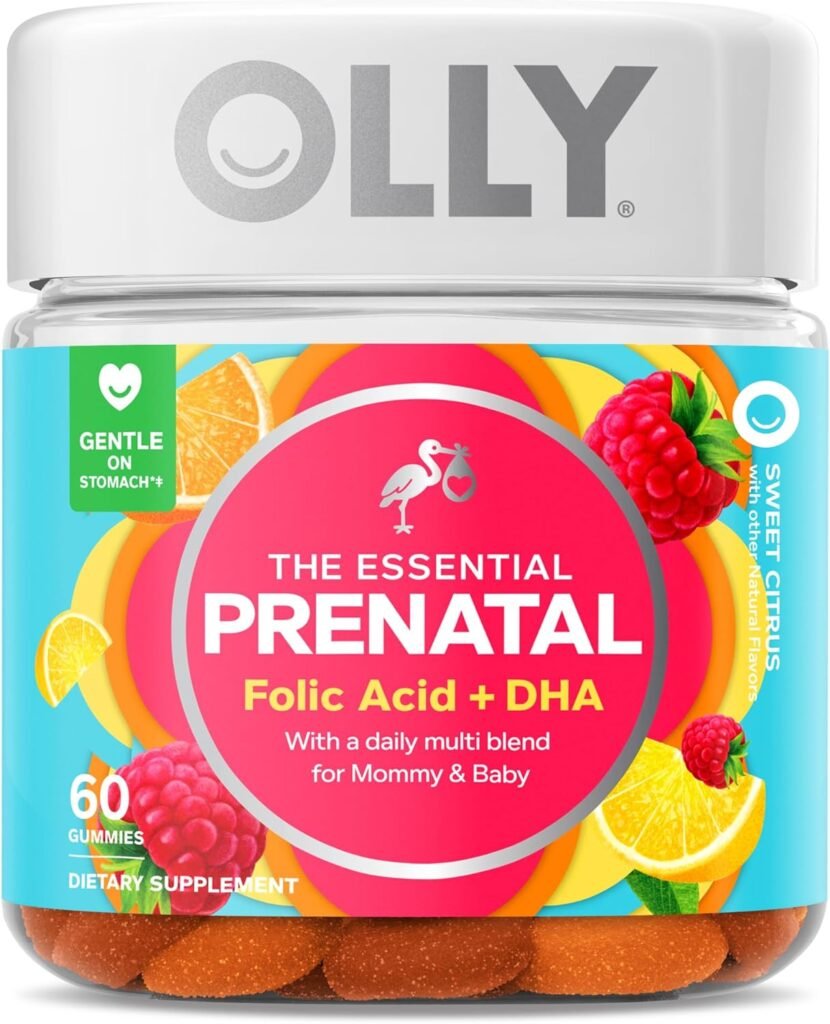 Olly The Essential Prenatal Gummy Multivitamin, 30 Day Supply ( Gummies), Sweet, Folic Acid, Vitamin D, Omega 3 DHA, Chewable Supplement, White Citrus, 60 Count (Pack of 1)