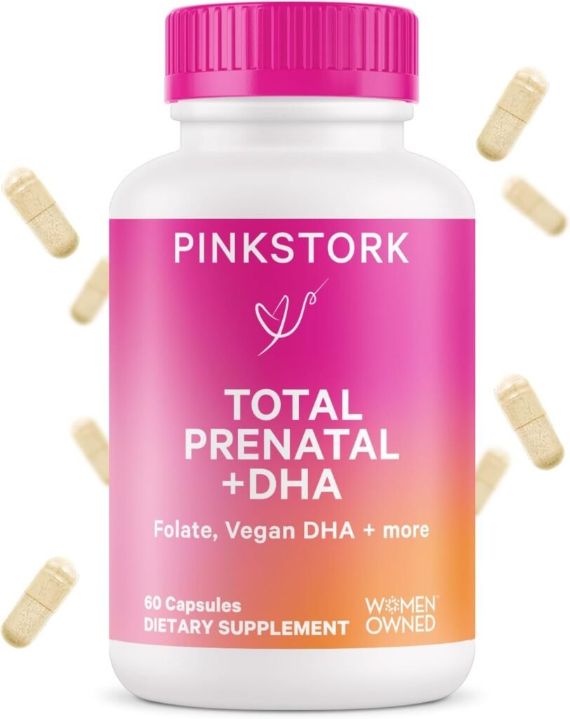 Pink Stork Total Prenatal Vitamins with DHA, Folate, Iron, Choline, and Vitamin B12 - Prenatals for Women to Support Fetal Development, Pregnancy Must Haves - 60 Capsules, 1 Month Supply