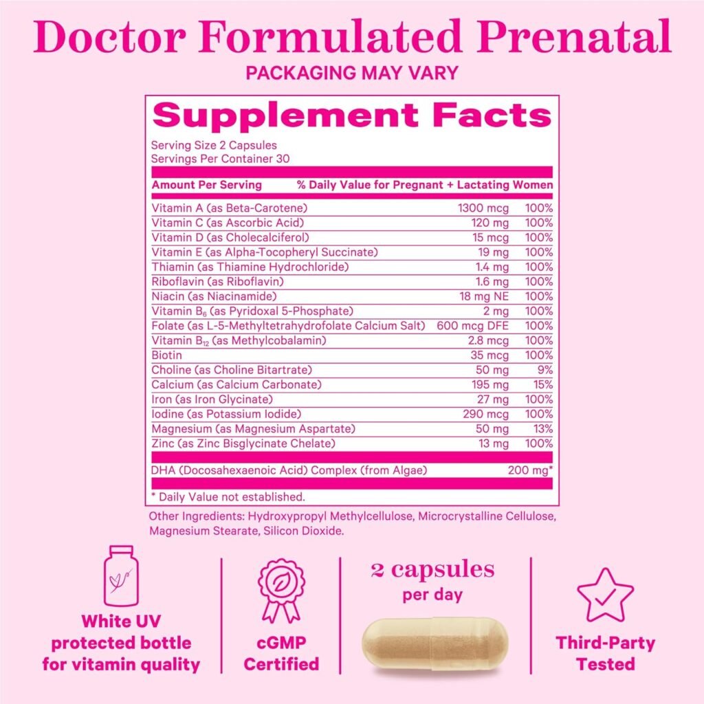 Pink Stork Total Prenatal Vitamins with DHA, Folate, Iron, Choline, and Vitamin B12 - Prenatals for Women to Support Fetal Development, Pregnancy Must Haves - 60 Capsules, 1 Month Supply