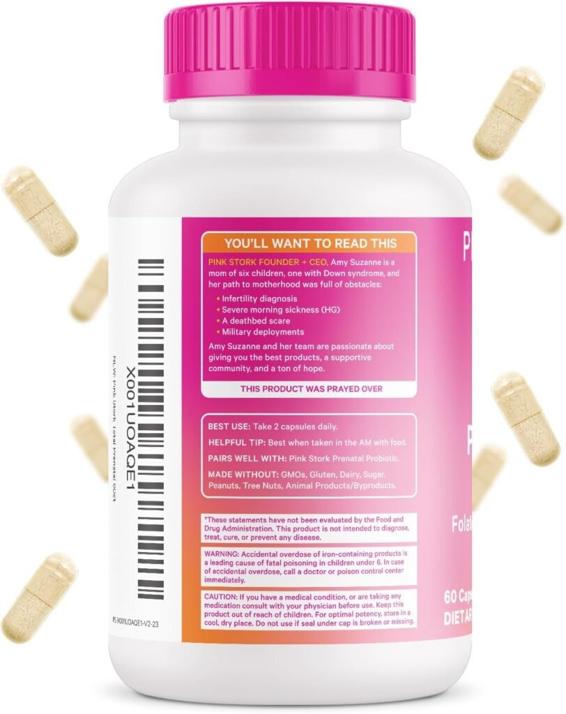 Pink Stork Total Prenatal Vitamins with DHA, Folate, Iron, Choline, and Vitamin B12 - Prenatals for Women to Support Fetal Development, Pregnancy Must Haves - 60 Capsules, 1 Month Supply