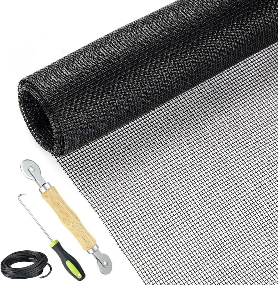 Screen Repair Kit Easy DIY Project 48 x 110 Fiberglass Screen Mesh with Rolling Tool and Screen Retainer Spline Screen Replacement kit for Windows Sliding Doors and Patio Screens (48 x 110, Black)