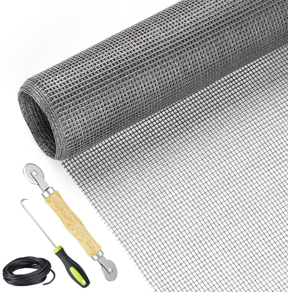 Screen Repair Kit Easy DIY Project 48 x 110 Fiberglass Screen Mesh with Rolling Tool and Screen Retainer Spline Screen Replacement kit for Windows Sliding Doors and Patio Screens (48 x 110, Black)