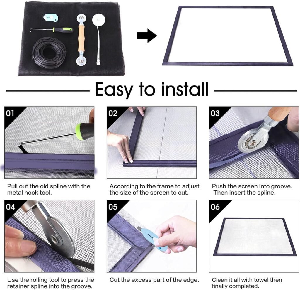 Windows Screen and Screen Door Repair Kit, 48x118 Charcoal Fiberglass Mesh with Rolling Tool/Hook/Ruler/Cutter/Spline - Window Screen  Sliding Screen Door Replacement for Windows, TOOLTRIZ