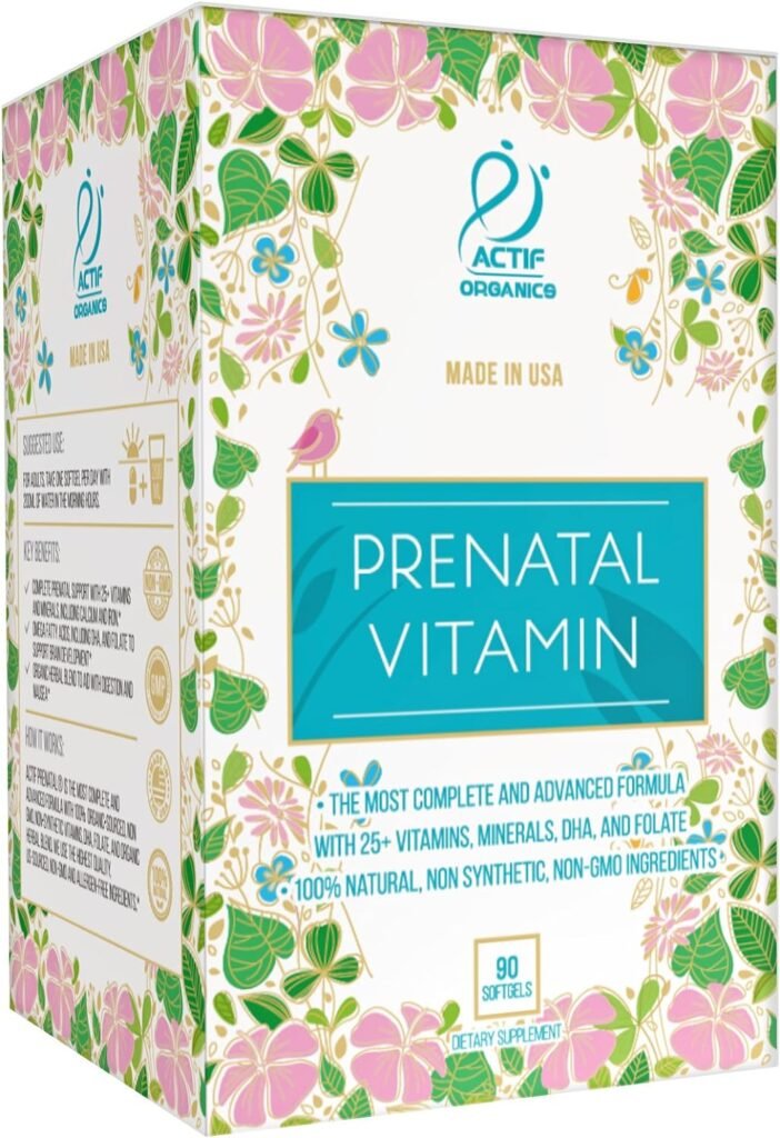 Actif Organic Prenatal Vitamin with 25+ Organic Vitamins, 100% Natural, DHA, EPA, Omega 3, and Organic Herbal Blend - Non-GMO, 90 Count