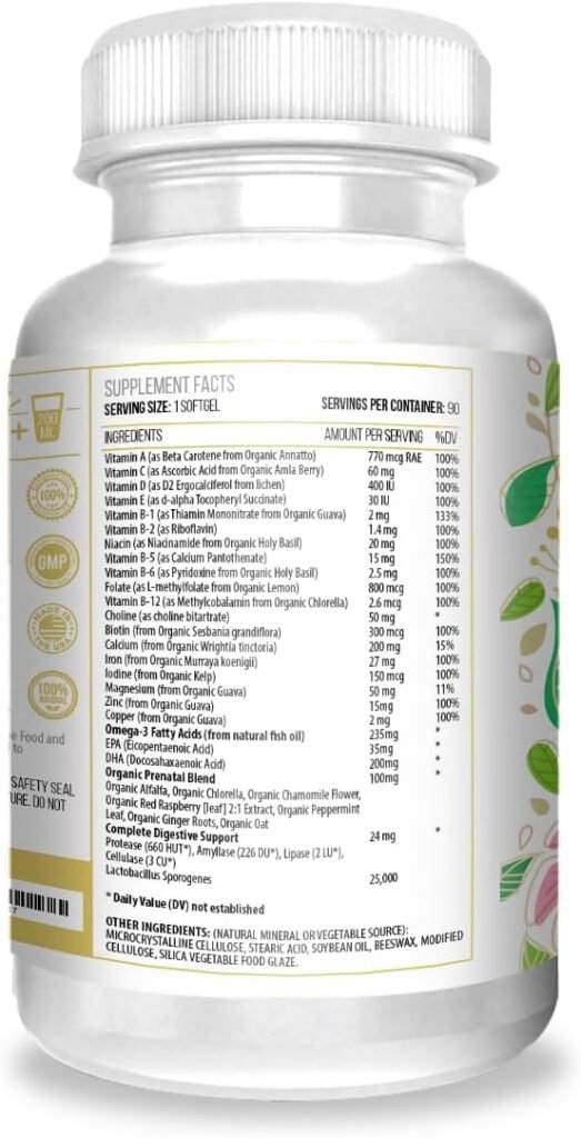 Actif Organic Prenatal Vitamin with 25+ Organic Vitamins, 100% Natural, DHA, EPA, Omega 3, and Organic Herbal Blend - Non-GMO, 90 Count