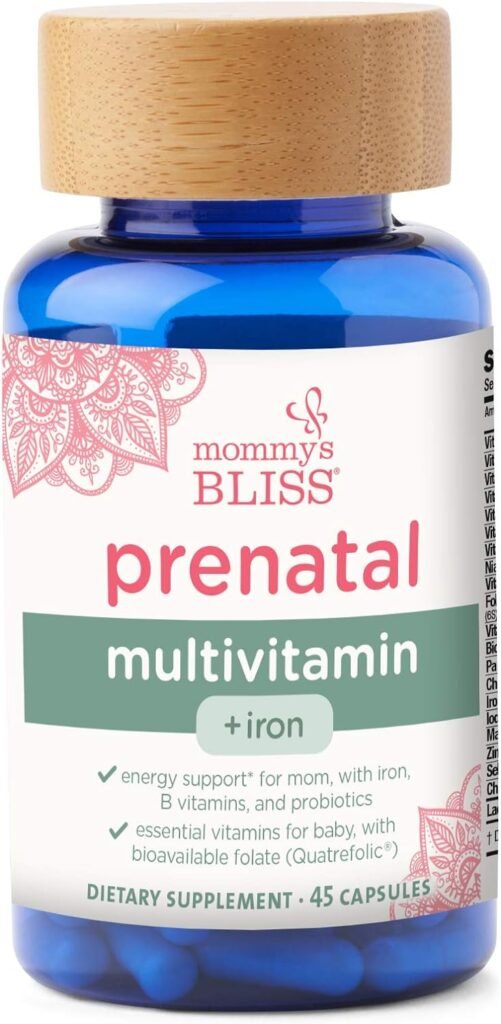 Mommys Bliss Prenatal Multivitamin with Iron and Folic Acid, Supports Baby Development + Mom Immune System  Energy Levels w/ B Vitamins  Probiotics, Vegan  Gluten Free (45 Servings)