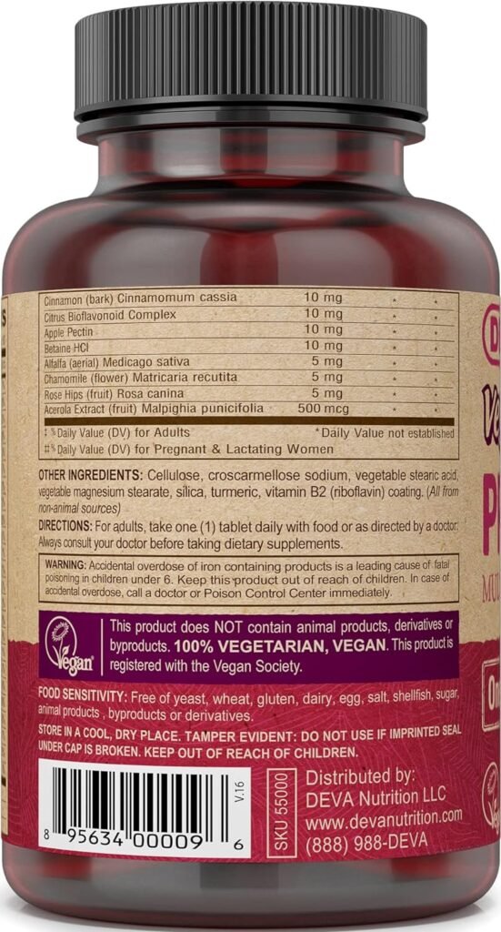 DEVA Vegan Prenatal Multivitamin and Mineral Supplement - Once-Per-Day Formula - Vitamins A, C, D, E, K, B Complex, with Folate  Chelated Iron - 90 Coated Tablets, 1-Pack