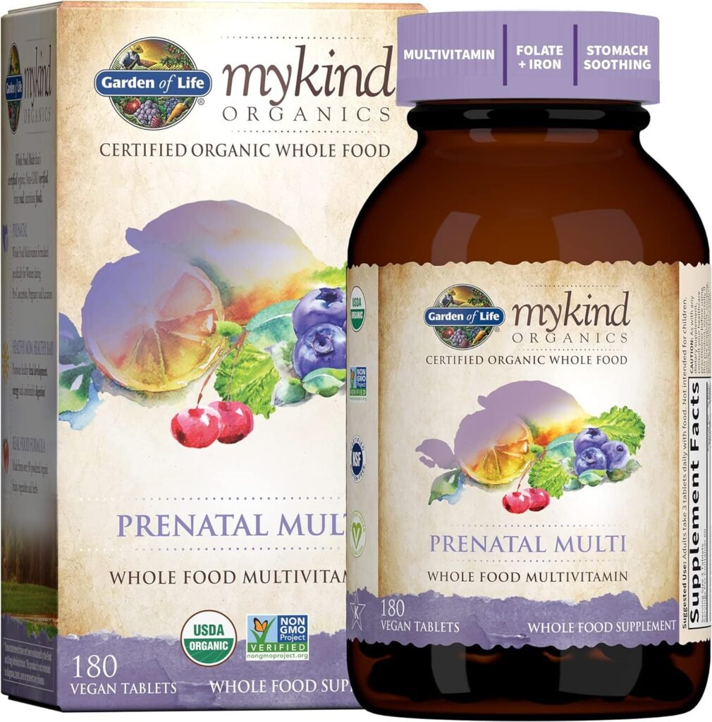 Garden of Life Organics Women’s Prenatal Multivitamin with Vitamin D3, B6, B12, C  Iron, Folate for Energy  Healthy Fetal Development – Organic, Non-GMO, Gluten-Free, Vegan, 60 Day Supply