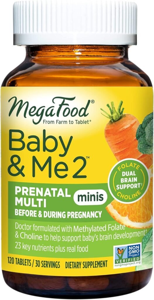 MegaFood Baby  Me 2 Prenatal Vitamin  Minerals - Vitamins for Women - with Folate (Folic Acid Natural Form), Choline, Iron, Iodine, Vitamin C, Vitamin D and More - 120 Mini Tabs (30 Servings)