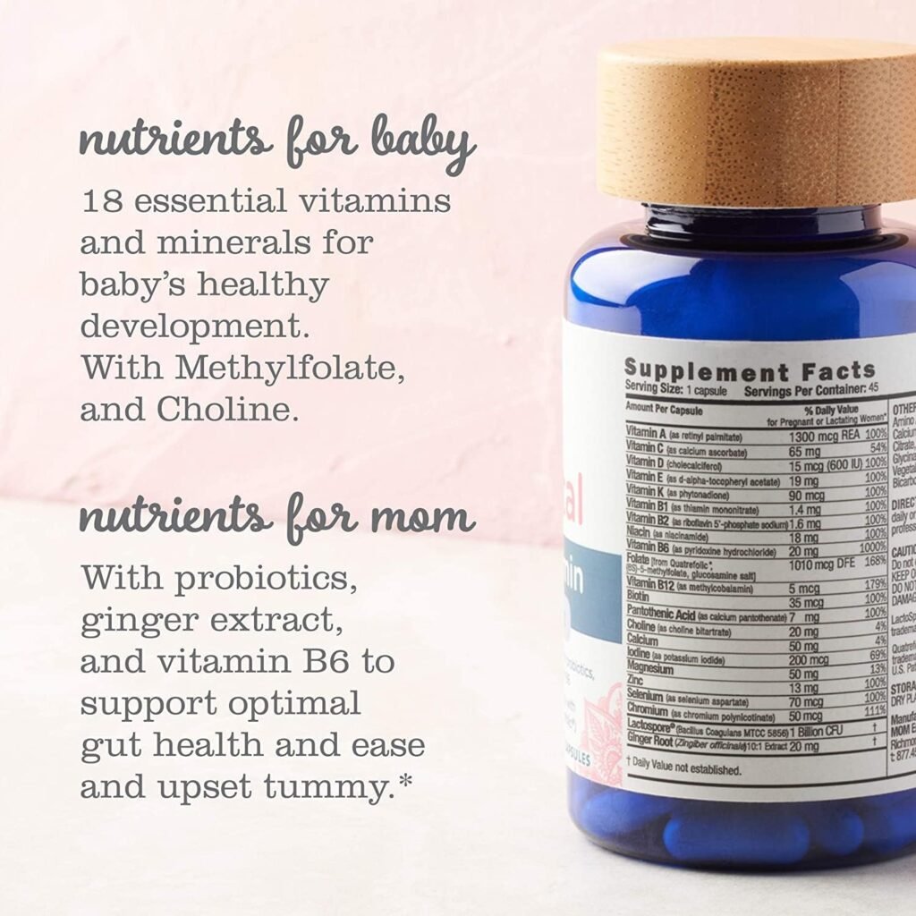 Mommys Bliss Prenatal Multivitamin + Probiotic for Women w/ Folic Acid, Supports Baby Development  Moms Digestion w/ Zinc, Vitamin B6  B12, Ginger  Choline, Vegan  Gluten Free (45 Servings)