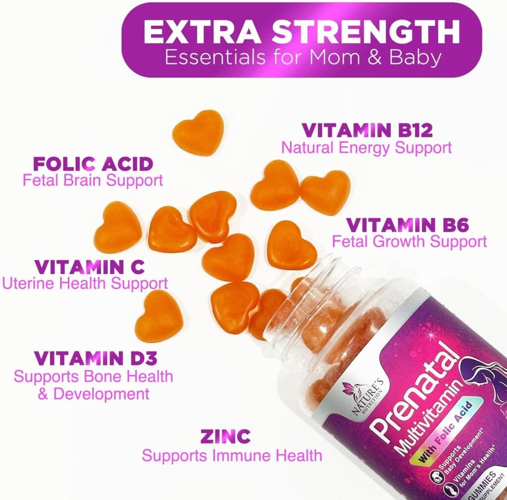 Natures Prenatal Multivitamin Gummy with Folic Acid, Prenatal Vitamins w/Folate, Choline, Vitamin A, C, D3, B12  B6, Before, During  After Pregnancy Vitamins for Women - 120 Gummies, 60 Day Supply