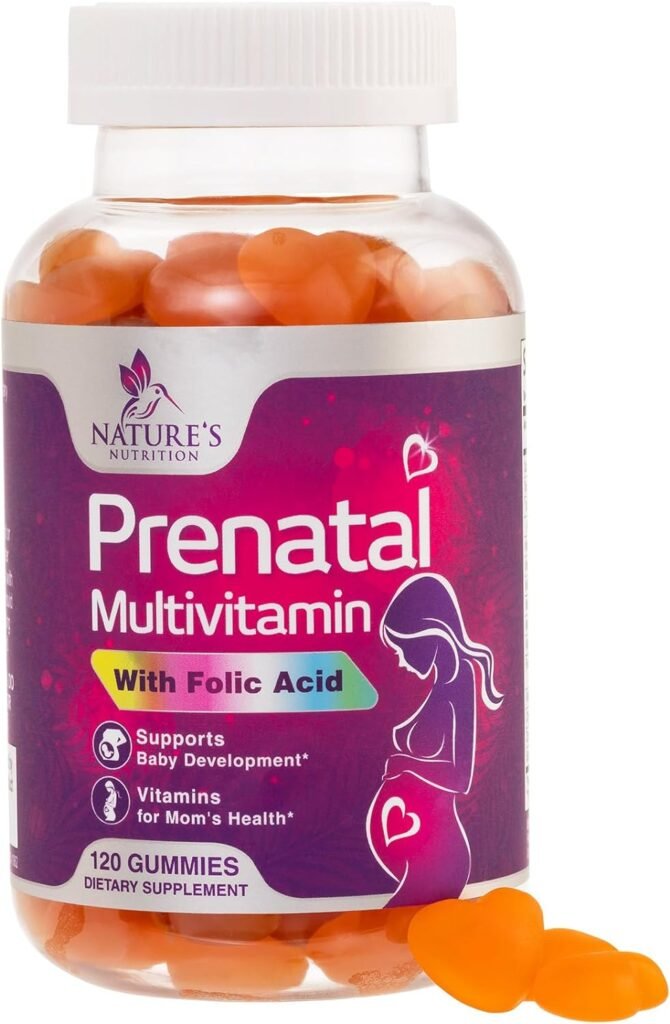 Natures Prenatal Multivitamin Gummy with Folic Acid, Prenatal Vitamins w/Folate, Choline, Vitamin A, C, D3, B12  B6, Before, During  After Pregnancy Vitamins for Women - 120 Gummies, 60 Day Supply