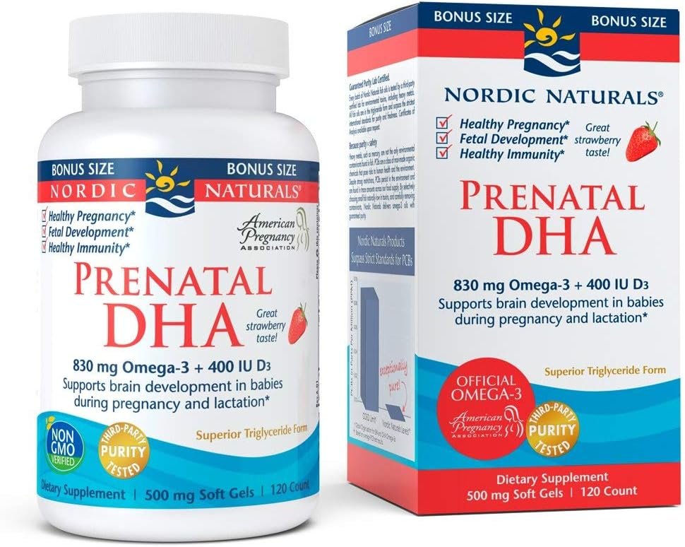 Nordic Naturals Prenatal DHA, Strawberry - 120 Soft Gels - 830 mg Omega-3 + 400 IU Vitamin D3 - Supports Brain Development in Babies During Pregnancy  Lactation - Non-GMO - 60 Servings