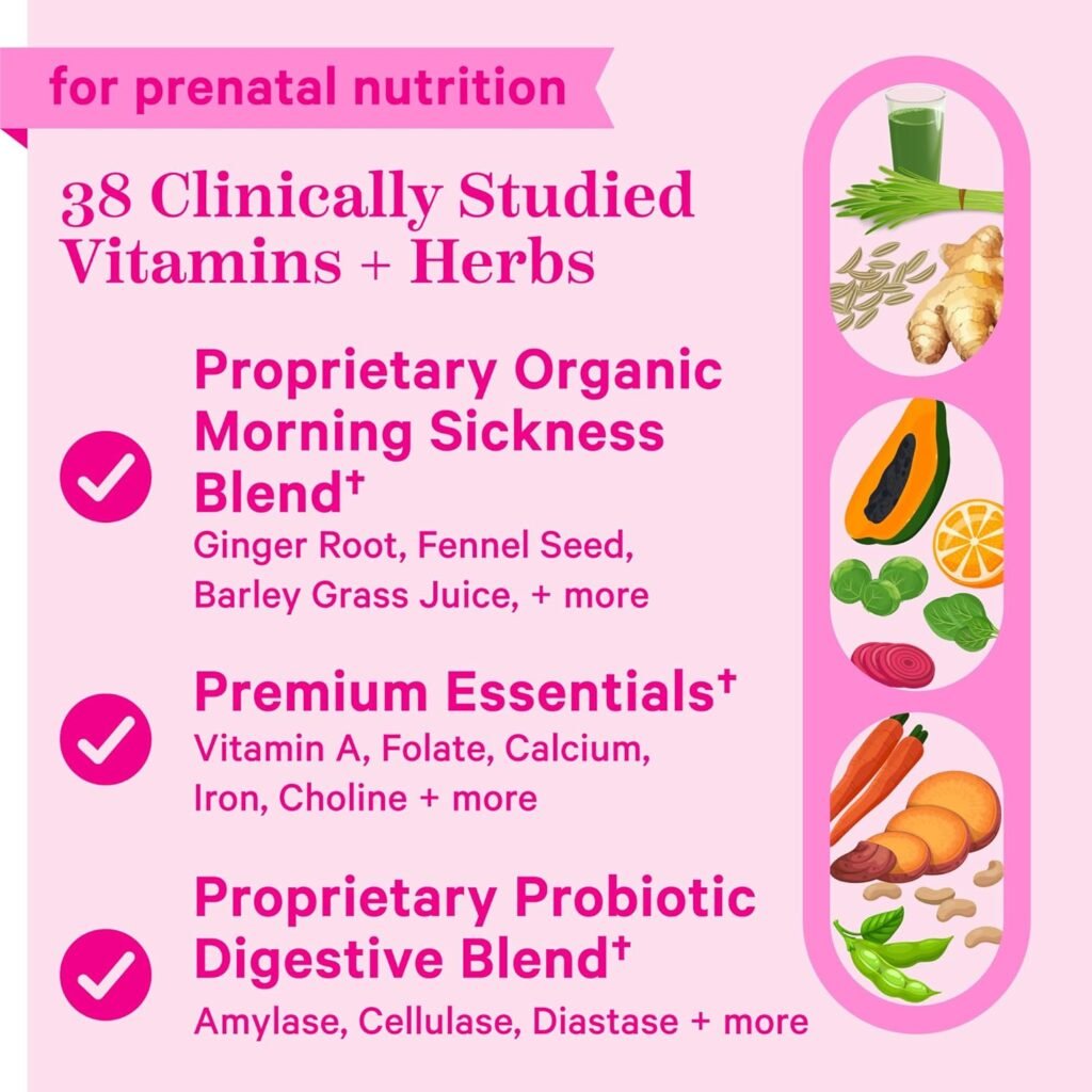 Pink Stork Premium Prenatal Vitamin for Women - 25 Vitamins with Organic Whole-Food Ingredients,  Probiotics - Morning Sickness, Digestion,  Energy - Folate, B6,  Iron - 60 Capsules