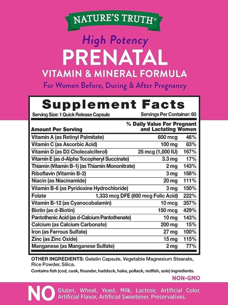 Prenatal Vitamins With Folic Acid | 60 Capsules | Non-GMO  Gluten Free Supplement | By Natures Truth