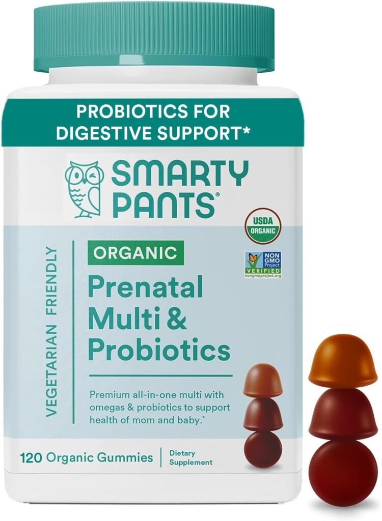 SmartyPants Organic Prenatal Vitamins for Women, Multivitamin Gummies: Probiotics, Biotin, Methylfolate, Omega 3 (ALA), Vitamin D3, C, Vitamin B12, B6, Vitamin A, K  Zinc, 120 Count (30 Day Supply)