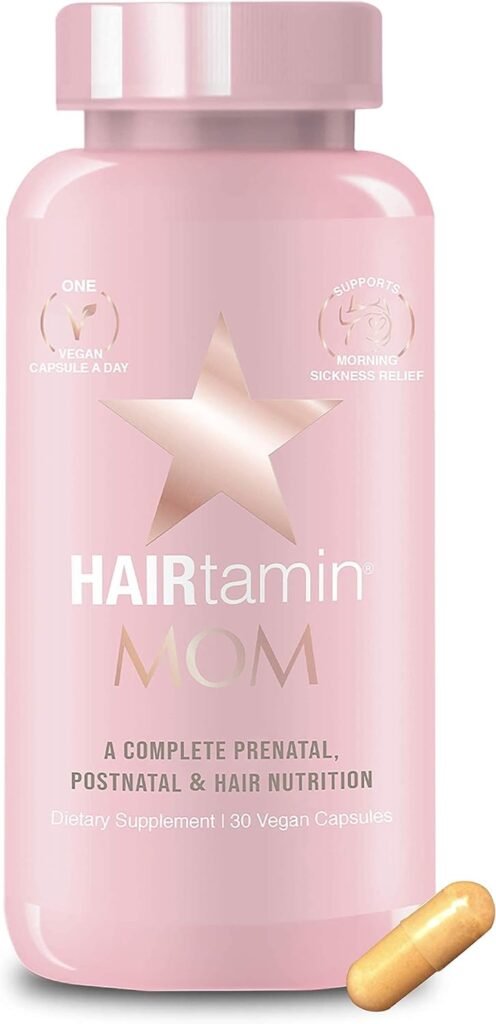 HAIRtamin MOM Vegan Prenatal  Postnatal Multivitamin Supplement  Hair Vitamin Pregnancy, Postpartum, Breastfeeding Probiotic One-a-Day Hair Vitamins with Biotin, Zinc, Iron (30 Counts)