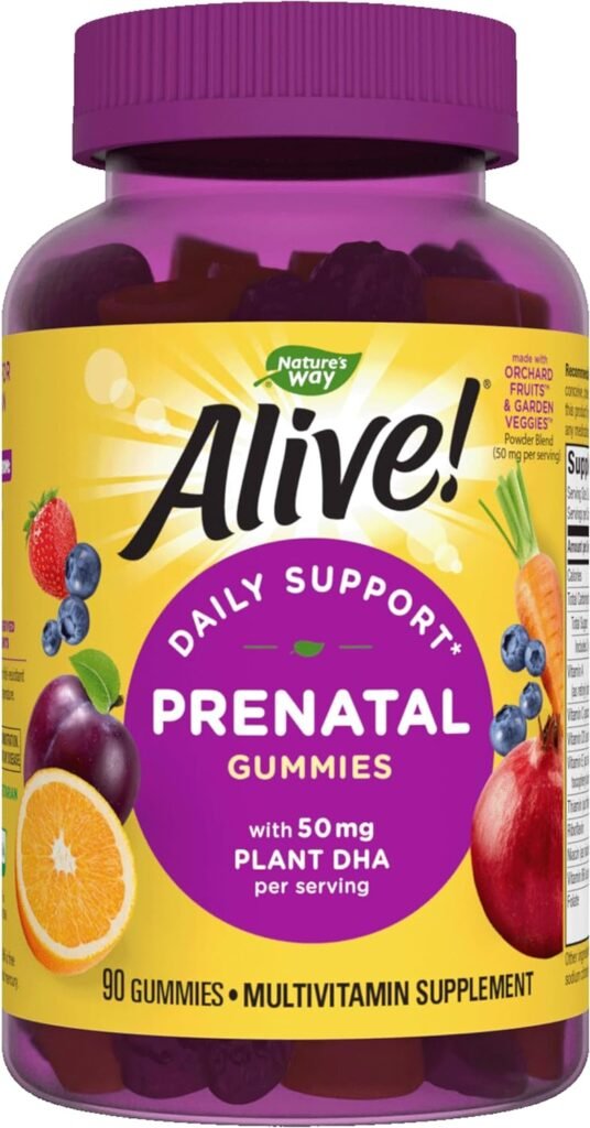 Natures Way Alive! Prenatal Gummies with DHA, Supports Babys Eye and Brain Development*, Orange and Raspberry Lemonade Flavored, 90 Gummies